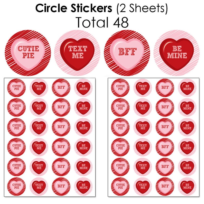 Valentine\u2019s Day Candy Favor Sticker Kit Conversation Hearts Round Candy Stickers and Circle Stickers 304 Pcs Mini Candy Bar Wrappers