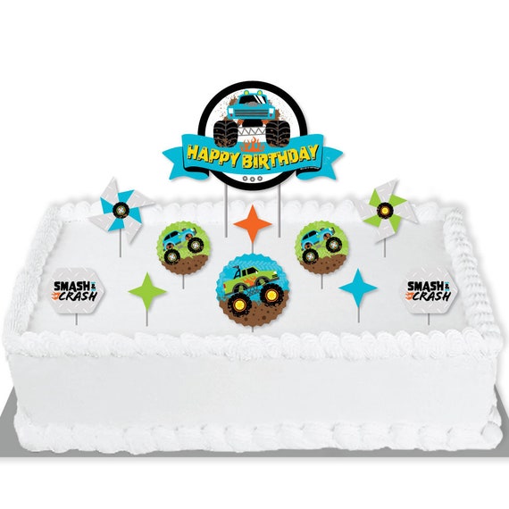 Smash And Crash Monster Truck Boy Birthday Party Cake Decorating Kit Happy Birthday Cake Topper Set 11 Pieces By Big Dot Of Happiness Catch My Party