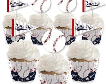 Batter Up - Baseball - Cupcake Decoration - Baby Shower or Birthday Party Cupcake Wrappers and Treat Picks Kit - Set of 24