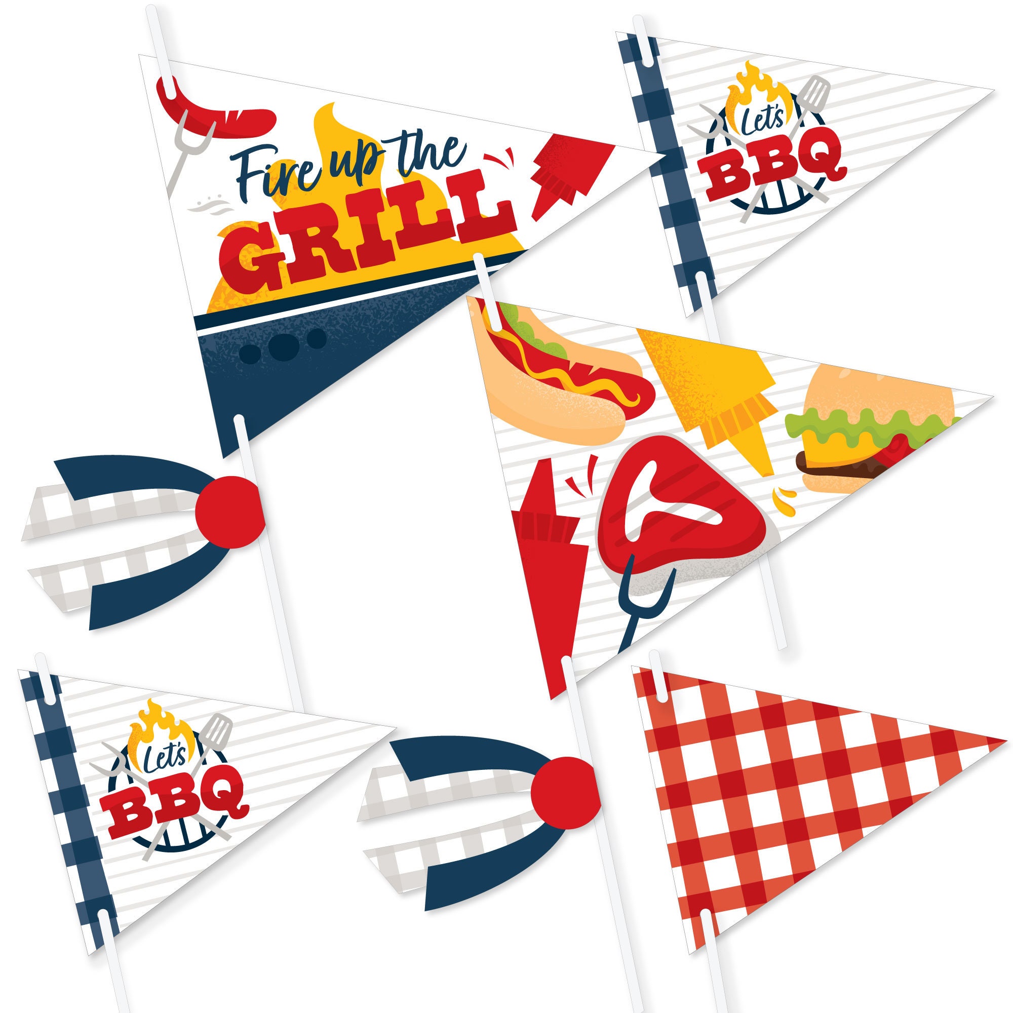 Fire Up the Grill Triangle Summer BBQ Picnic Party Photo Props Pennant Flag Centerpieces Set of 20