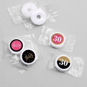 Chic 30th Birthday Pink, Black and Gold Round Candy Sticker Favors Labels Fit Chocolate Candy 1 sheet of 108 image 3