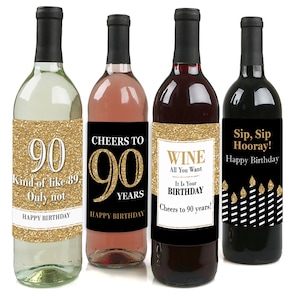 Adult 90th Birthday - Gold - Birthday Party Gift for Women and Men - Wine Bottle Label Stickers - Set of 4