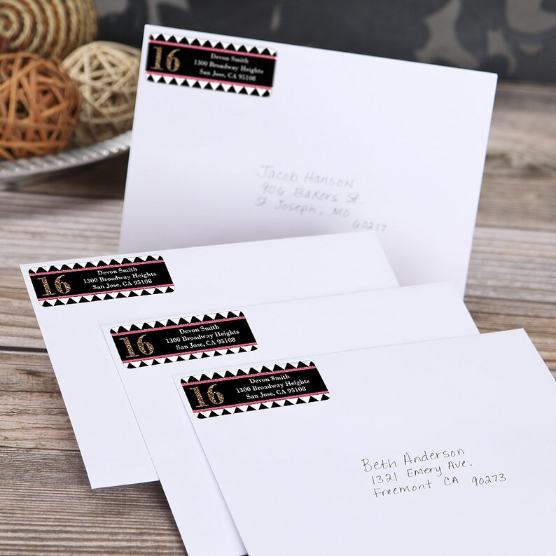 Chic 16th Birthday Party \u2013 Pink Sweet 16-30 Count and Gold Address Labels Personalized Return Address Sticker Black