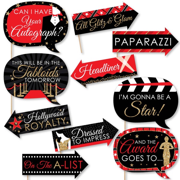 Funny Red Carpet Hollywood - Movie Night Party Photo Booth Props Kit - 10 Piece