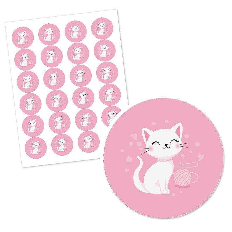 Kitten Meow Baby Shower or Birthday Party Circle Sticker Labels Purr-fect Kitty Cat 24 Count