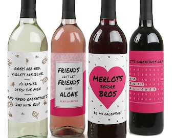 Be My Galentine - Valentine's Day Wine Bottle Labels for Valentine's Day Parties - Fun Wine Gift For Women - Set of 4 Sticker Labels