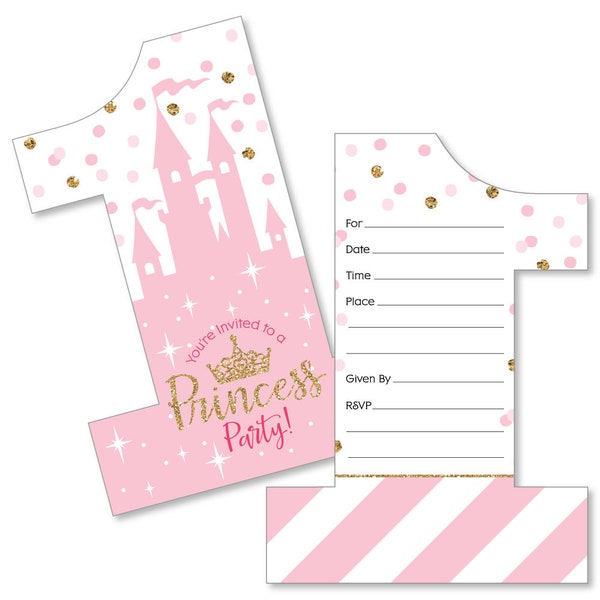 1st Birthday Little Princess Crown - Shaped Fill-in Invitations - Pink and Gold First Birthday Shaped Invite - 12 Shaped Invite w/Envelopes