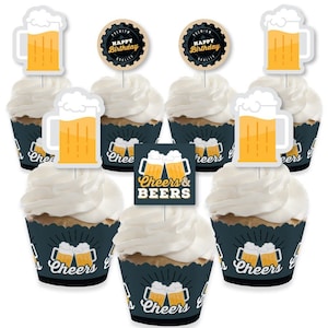 Cheers and Beers Happy Birthday - Cupcake Decoration - Birthday Party Cupcake Wrappers and Treat Picks Kit - Set of 24