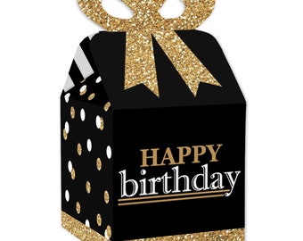 Adult Happy Birthday - Gold - Square Favor Gift Boxes - Birthday Party Bow Boxes - Set of 12