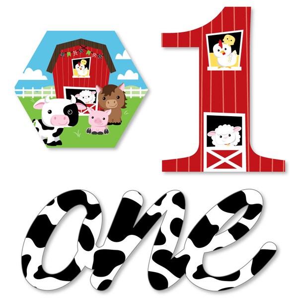 1st Birthday Farm Animals - DIY Shaped Paper Cut Outs - Barnyard First Birthday Small Die Cut Decorations - Farm Animals Birthday - 24 pc