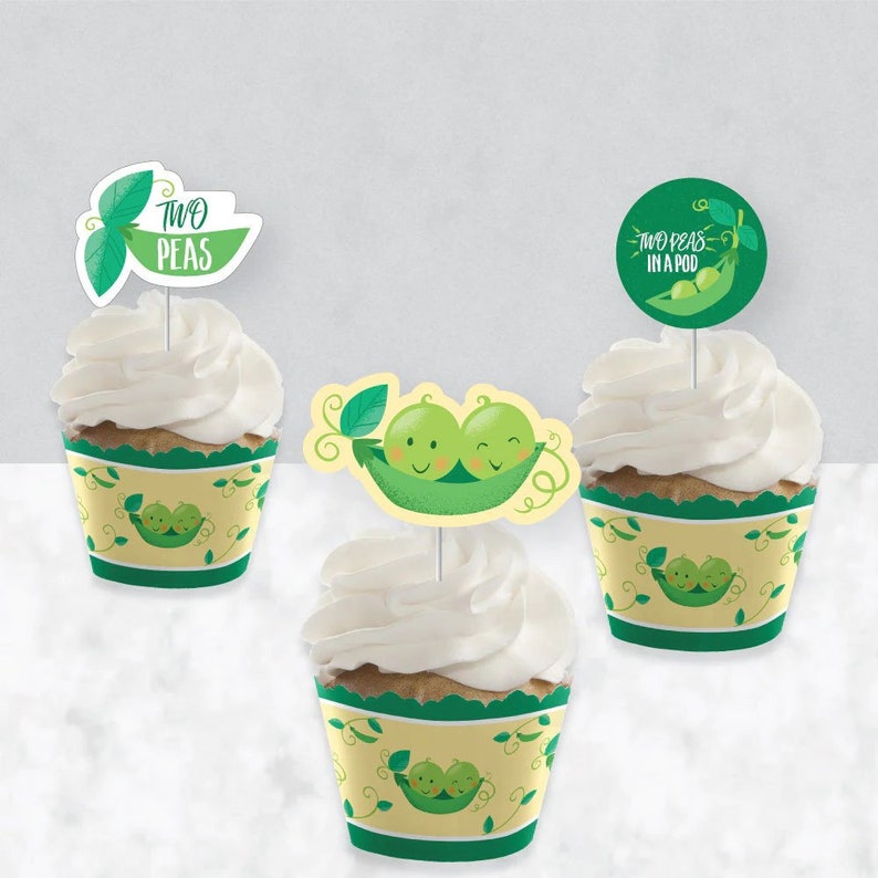 Double the Fun Twins Two Peas in a Pod Cupcake Decoration Baby Shower or First Birthday Cupcake Wrappers and Treat Picks Kit 24 Ct. image 3