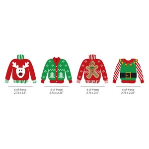 Puede incluir: Cuatro dise&ntilde;os de su&eacute;teres navide&ntilde;os. Cada su&eacute;ter tiene un color y dise&ntilde;o diferente, incluyendo un reno, un &aacute;rbol de Navidad, un hombre de jengibre y un elfo. Cada dise&ntilde;o mide aproximadamente 7 x 5,7 a 6,4 cm.
