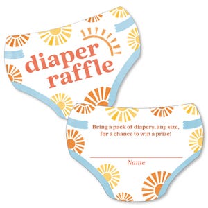 May include: Diaper raffle ticket with a white background and a blue and orange sun pattern. The text "diaper raffle" is in large, bold, orange letters. The text "Bring a pack of diapers, any size, for a chance to win a prize!" is in smaller black letters. There is a blank line for a name.