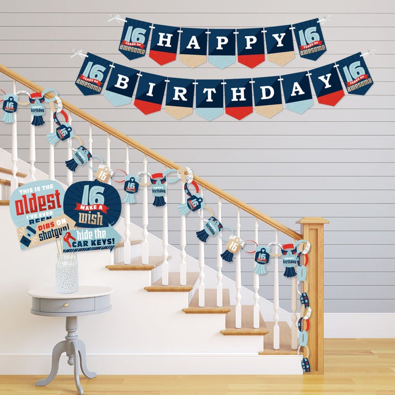 Boy 16th Birthday Banner and Photo Booth Decorations Sweet Sixteen Birthday Party Supplies Kit Doterrific Bundle image 3