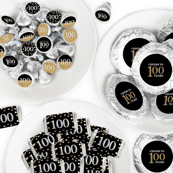 Adult 100th Birthday - Gold - Mini Candy Bar Wrappers, Round Candy Stickers - Seventieth Birthday Party Candy Favor Sticker Kit - 304 Pieces