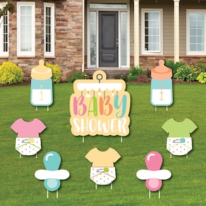 Adornos para el césped con formas neutras para baby shower - Adornos para el césped al aire libre - Adornos para el césped con formas azules para baby shower - Letreros de arte para el jardín - 8 piezas