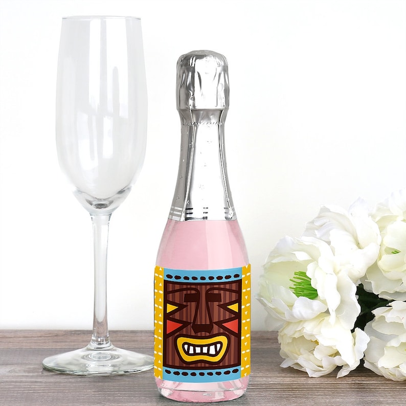 Mini Wine and Champagne Bottle Label Stickers Tiki Luau Tropical Hawaiian Summer Party Favor Gift for Women and Men 16 Ct