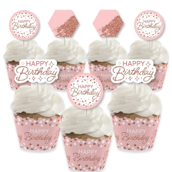 Pink Rose Gold Birthday Cupcake Decoration Happy Birthday Party