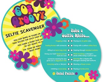 60's Hippie - Selfie Scavenger Hunt - 1960s Groovy Party Game - Set of 12