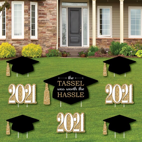 Tassel Worth The Hassle - Gold - Yard Sign & Outdoor Lawn Decorations - 2021 Graduation Party Yard Signs - Set of 8 Il_570xn