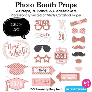 May include: Photo booth props set with 20 props, 20 sticks, and clear stickers. Includes speech bubbles, glasses, bow ties, mustaches, and arrows with graduation-themed text. Professionally printed on study cardstock paper.