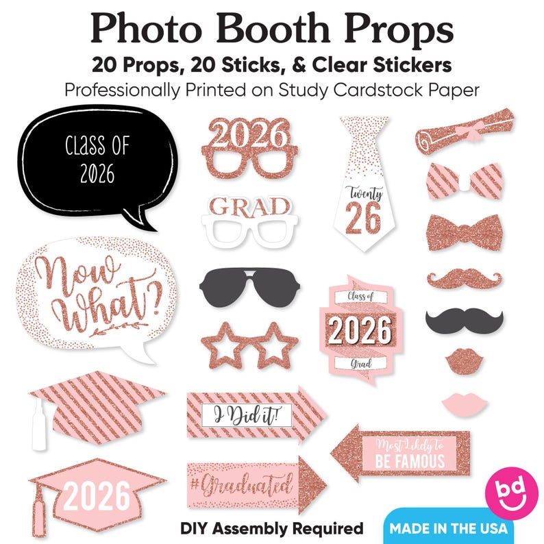 May include: Photo booth props set with 20 props, 20 sticks, and clear stickers. Includes speech bubbles, glasses, bow ties, mustaches, and arrows with graduation-themed text. Professionally printed on study cardstock paper.