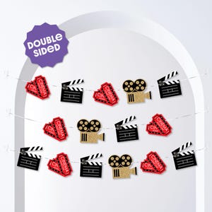 May include: A red and gold movie themed party banner with alternating images of film clapperboards, movie tickets, and film cameras. The banner is double-sided and has a white background.