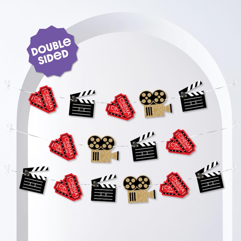 May include: A red and gold movie themed party banner with alternating images of film clapperboards, movie tickets, and film cameras. The banner is double-sided and has a white background.