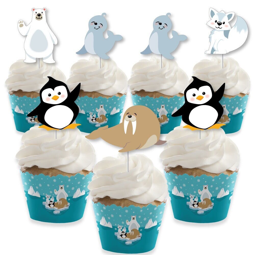 Arctic Polar Animals Cupcake Decoration Winter Baby Shower or Birthday Party Cupcake Wrappers and Treat Picks Kit Set of 24