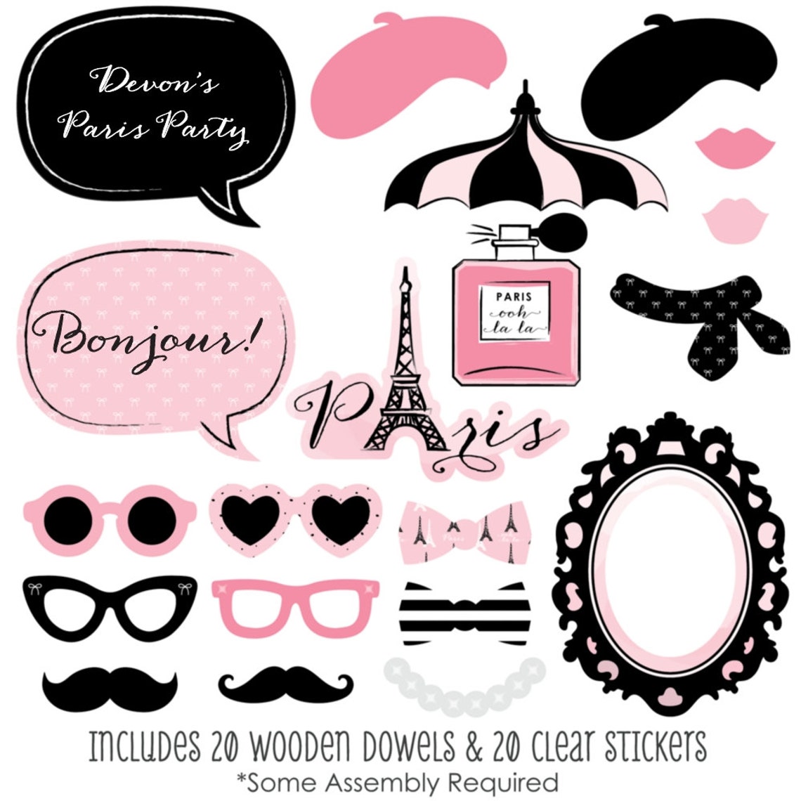 Paris Photo Booth Kit 20 Photobooth Props With Custom Talk Etsy