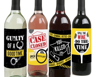 Case Closed - Criminal Justice Graduation Party Decorations for Women and Men - Wine Bottle Label Stickers - Set of 4