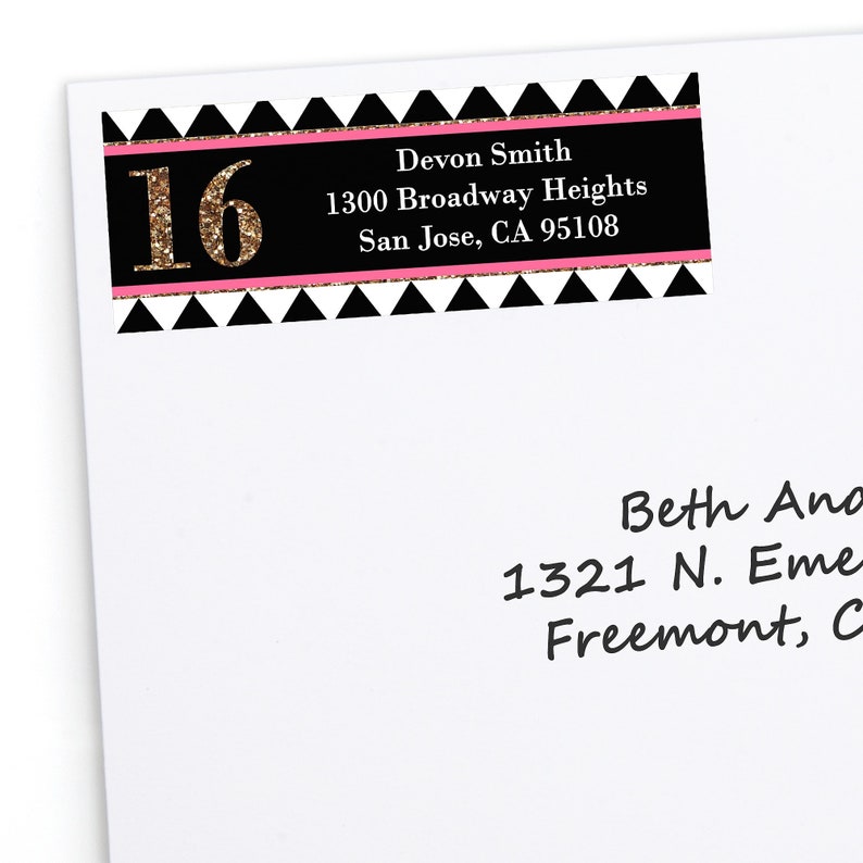 Chic 16th Birthday Party \u2013 Pink Sweet 16-30 Count and Gold Address Labels Personalized Return Address Sticker Black