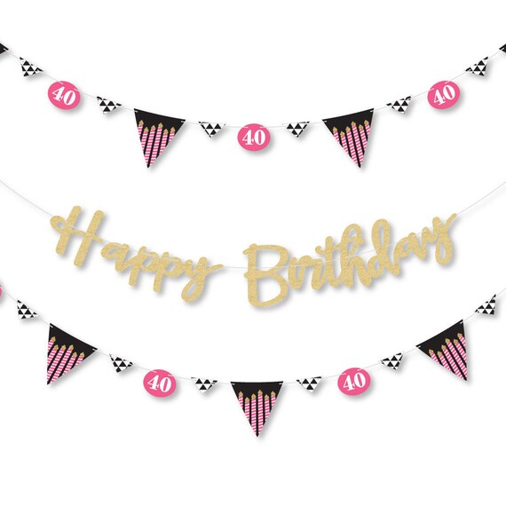 Chic 40th - Pink, Black and Gold Birthday Party Letter Banner -36 Banner Cutouts and No-Mess Real Gold Glitter Happy Birthday Banner Letters Il_570xn