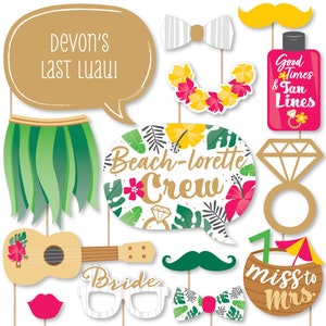 Last Luau - Personalized Tropical Bachelorette Party and Bridal Shower Photo Booth Props Kit - 20 Count