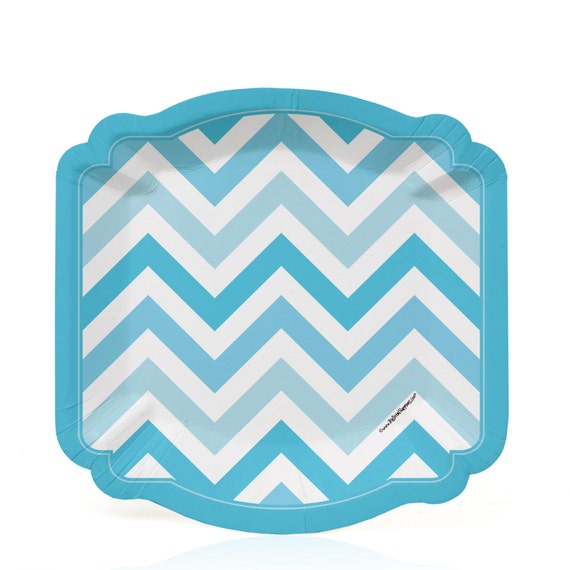 8 Count - Chevron Blue Dessert Plates - Baby Shower or Birthday Party Supplies Il_570xn