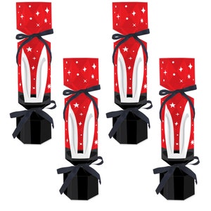 May include: Set of four red and white Christmas cracker favors with black bows and a black box base. Each cracker features a white rabbit design.