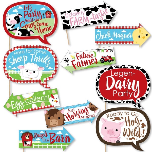 Funny Farm Animals - Baby Shower Photo Booth Props - Farm Animals - Birthday Party Photo Booth Prop Kit - 10 Props