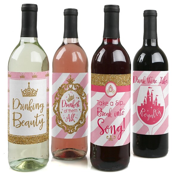 Little Princess Crown Wine Bottle Labels - Pink and Gold Wine Labels - Princess Party Gifts for Men and Women - Set of 4 Sticker Labels