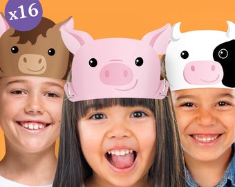 Paper Farm Animal Headbands, Barnyard Party Crowns for Kids Farm Birthday, DIY Pig, Horse, Sheep, Cow Party Hat Favors, 16 Count