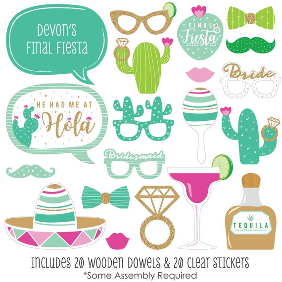 20 pc. Final Fiesta Bachelorette - Photo Booth Props - Last Fiesta Bachelorette Party - with Mustache, Bow Tie, Glasses & Custom Talk Bubble Il_570xn