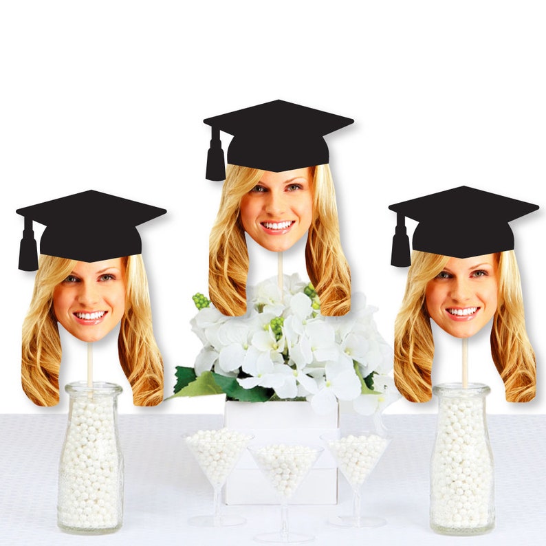 Set of 20 Grad Cap Fun Face Cutout Decorations DIY Custom Graduation Photo Head Cut Out Cut Out Essentials Upload 1 Photo