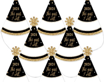 New Year's Eve - Gold - Mini Cone 2024 New Years Eve Resolution Party Hats - Small Little Party Hats - Set of 8
