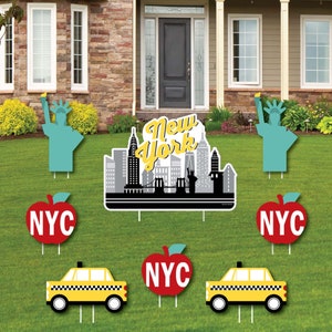 Paisaje urbano de Nueva York: letreros para jardín y decoraciones para exteriores: letreros para jardín con temática de fiesta en la ciudad de Nueva York, juego de 8