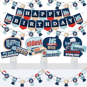 Boy 16th Birthday Banner and Photo Booth Decorations Sweet Sixteen Birthday Party Supplies Kit Doterrific Bundle image 1