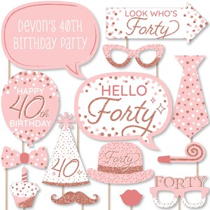 40th Pink Rose Gold Birthday - Personalized Happy Birthday Party Photo Booth Props Kit - 20 Count