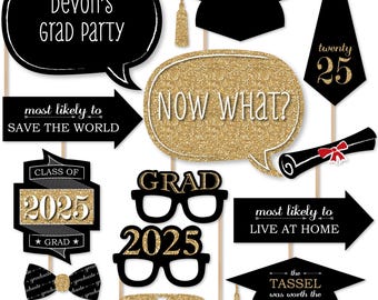 Tassel Worth the Hassle - Gold Photo Booth Props Kit - Personalized 2025 Graduation Party - 20 Count