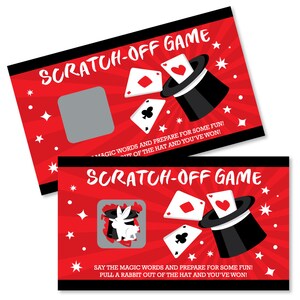 May include: Red scratch-off game cards with the text "SCRATCH-OFF GAME". The cards feature a black top hat, playing cards, and starburst designs. One card has a scratch-off area and the other has a rabbit in a hat.