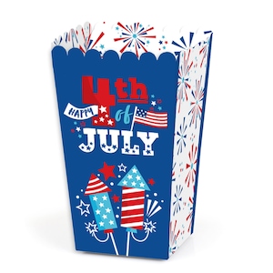 May include: Blue and white popcorn box with a red, white, and blue American flag and fireworks design. The box says "Happy 4th of July".