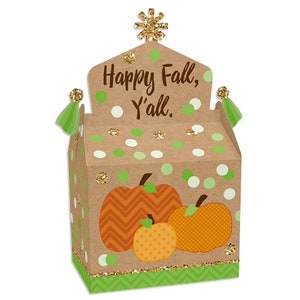 May include: A brown and green favor box with a pumpkin design and the text "Happy Fall, Y'all." The box is decorated with green and white polka dots and gold glitter.