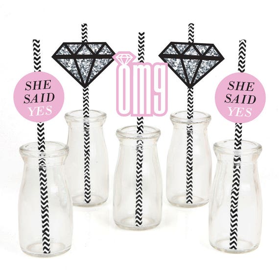 Engagement Party - Die-Cut Straw Decorations - OMG, You're Getting Married - Party Paper Cut-Outs & Striped Paper Straws - Set of 24 Il_570xn